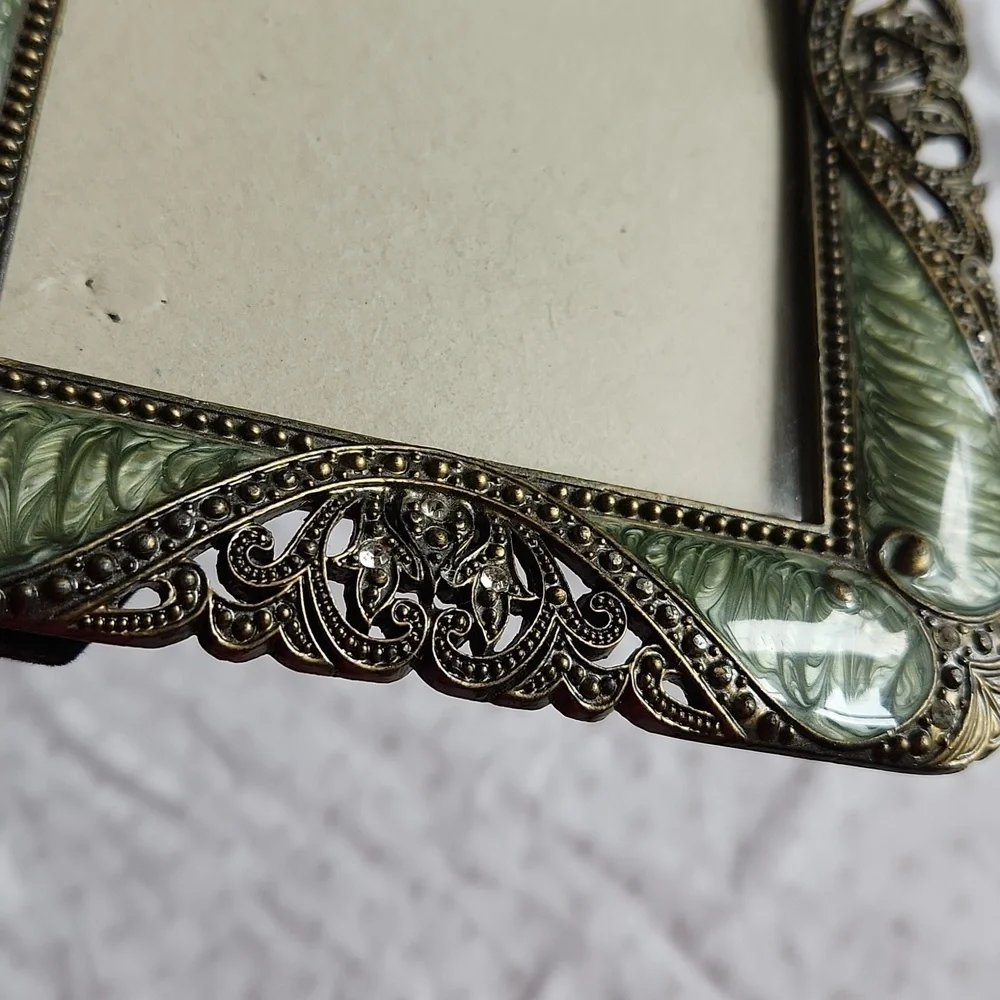Vintage Green Enamel and Rhinestone Filigree Elegant  Ornate Photo Frame